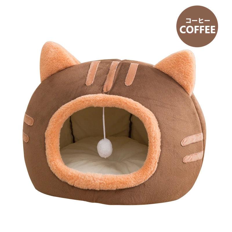 ペットハウス かわいい猫の形 猫型ペットベッド ペットベッド 犬 猫 いぬ ねこ ハウス ドーム 猫用ベッド ネコベッド パピー シニア 多頭飼い 子猫 秋 冬 防寒 寝床 かわいい ふわふわ クッション付き ペットファン - 楽カート